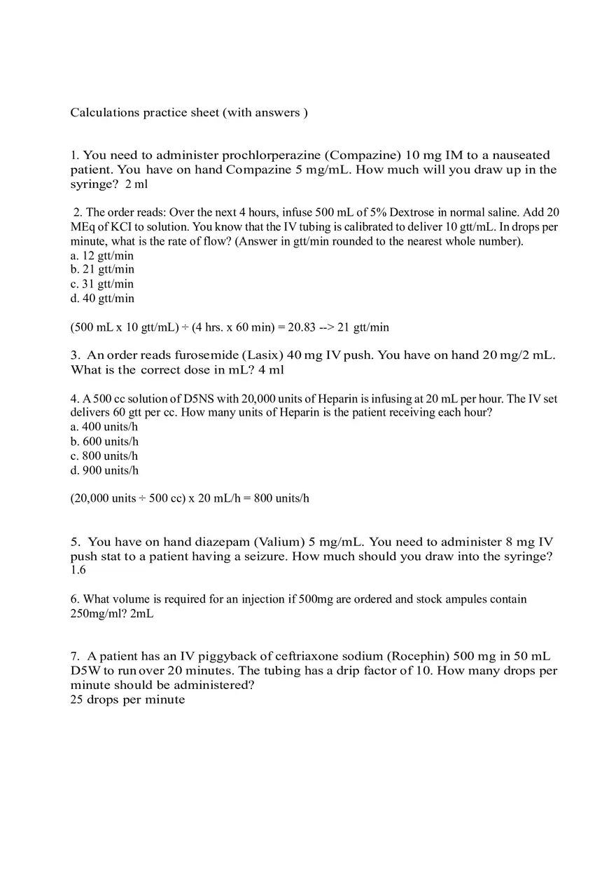 Math Practice Test with Answers for Health Care - Page 1