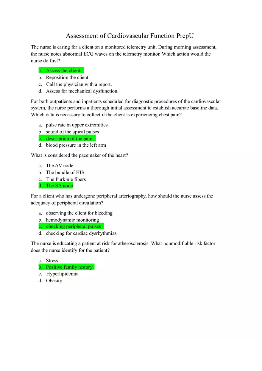 Assessment of Cardiovascular Function Prep U Answers - Page 1