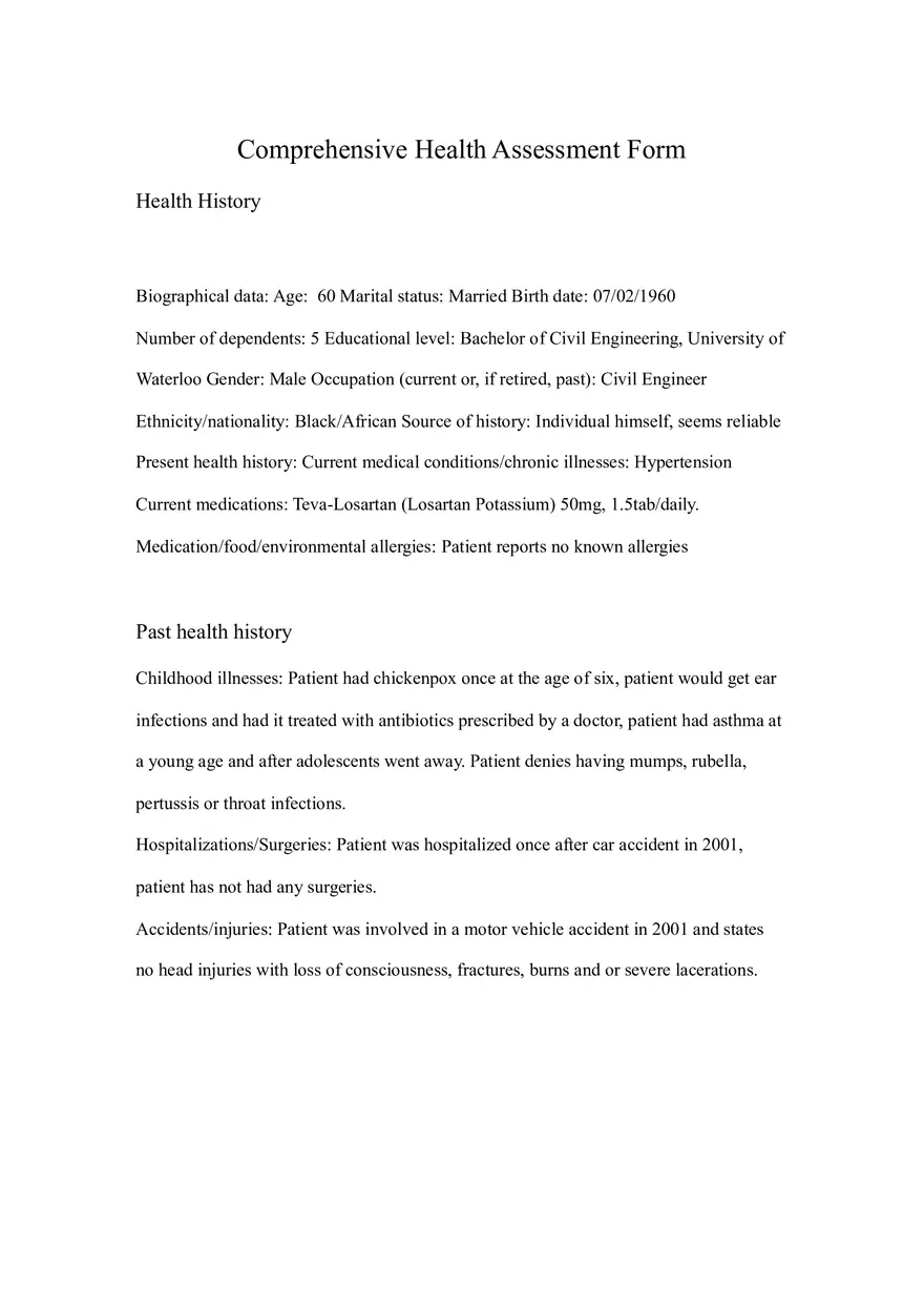 Comprehensive Health History Assignment of Patient - Page 1