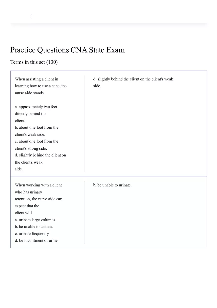 Practice Questions CNA State Exam Part 1 - Page 1