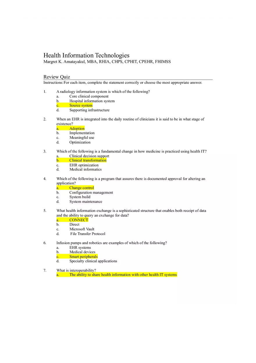 Health Information Technologies Review Quiz - Page 1