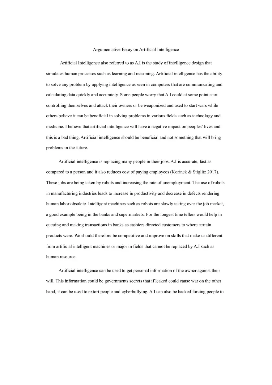 Argumentative Essay on Artificial Intelligence - Page 1