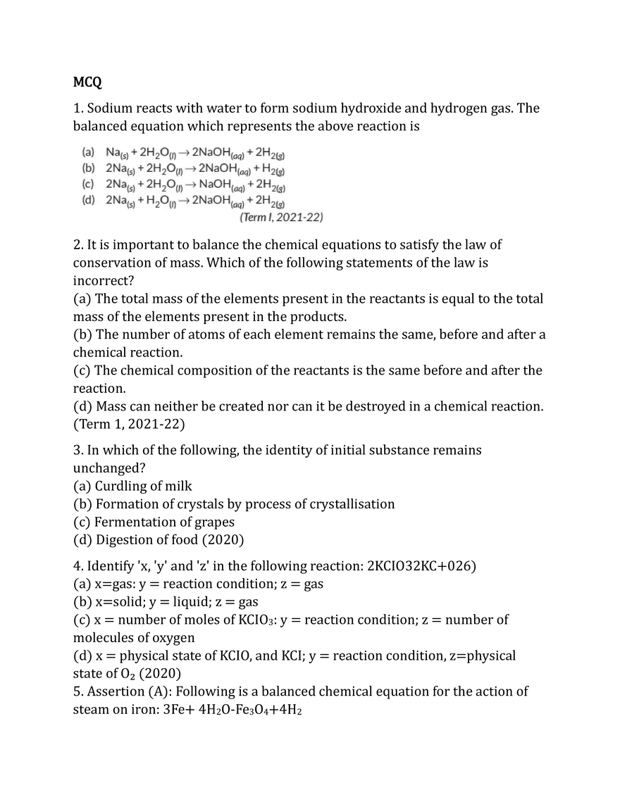Chemical Reaction and Equation CBSE Board Questions - Page 10