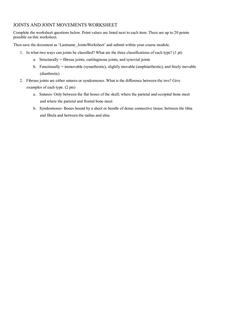 Anatomy and Physiology Joints Worksheet - Page 1