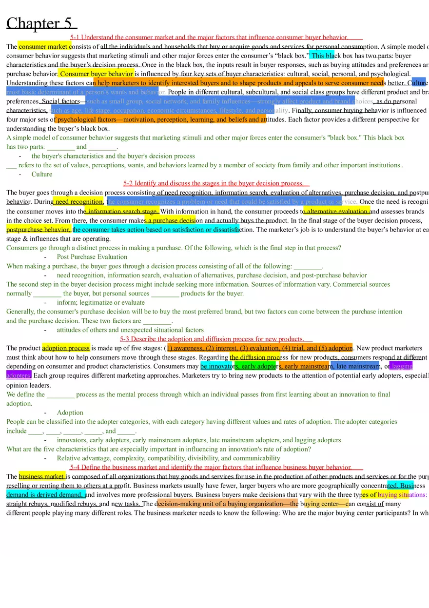 Understand the Consumer Market Chapter 5-8 Summary Review - Page 1