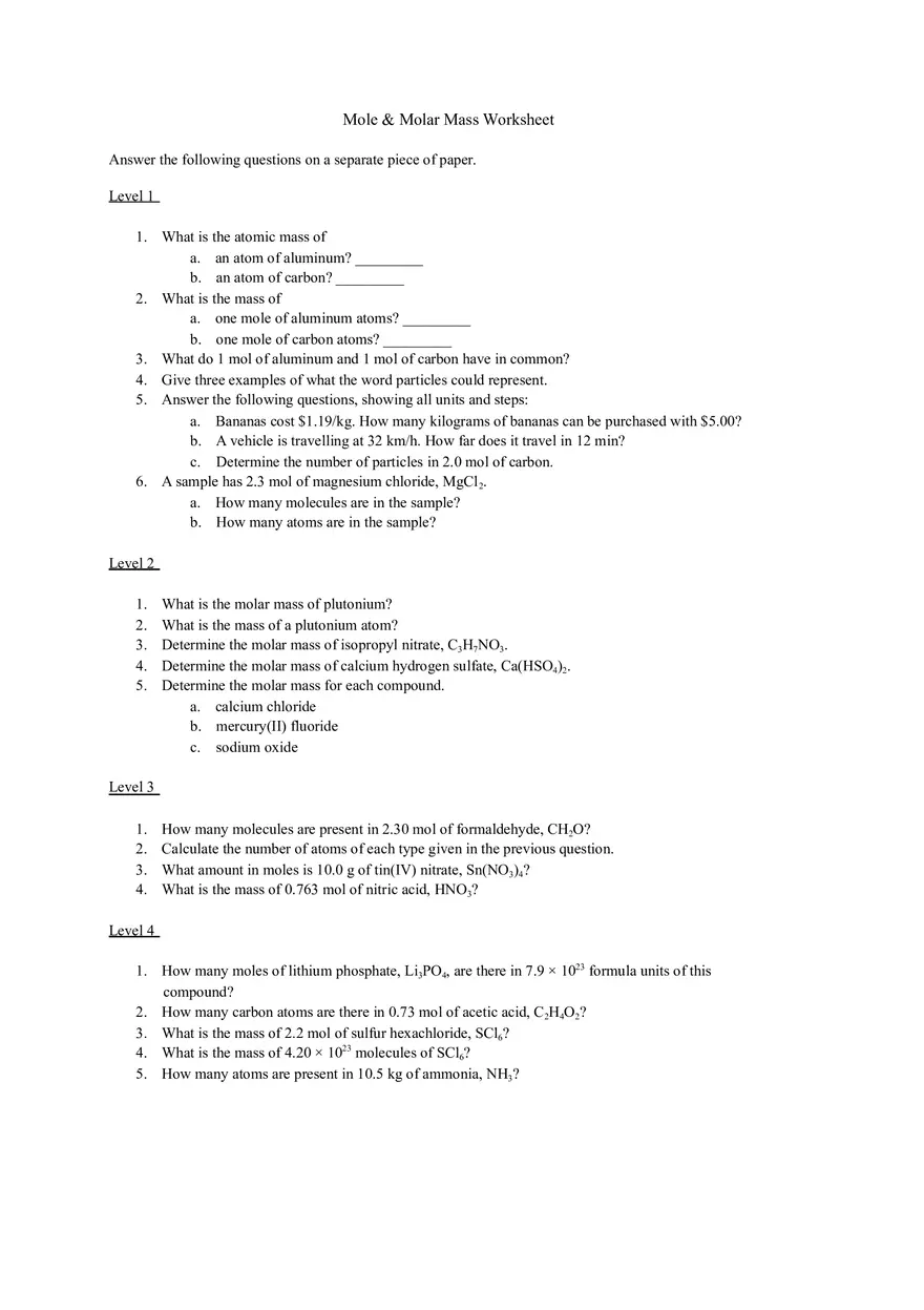 Moles and Molar Mass Worksheet - Page 1