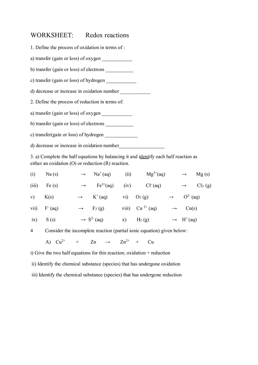 Redox Reactions Worksheet - Page 1