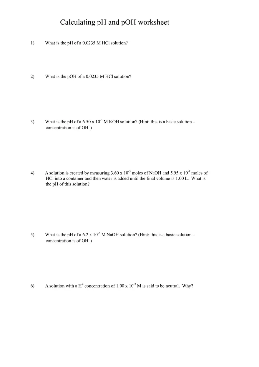 Calculating p H and p OH Worksheet - Page 1