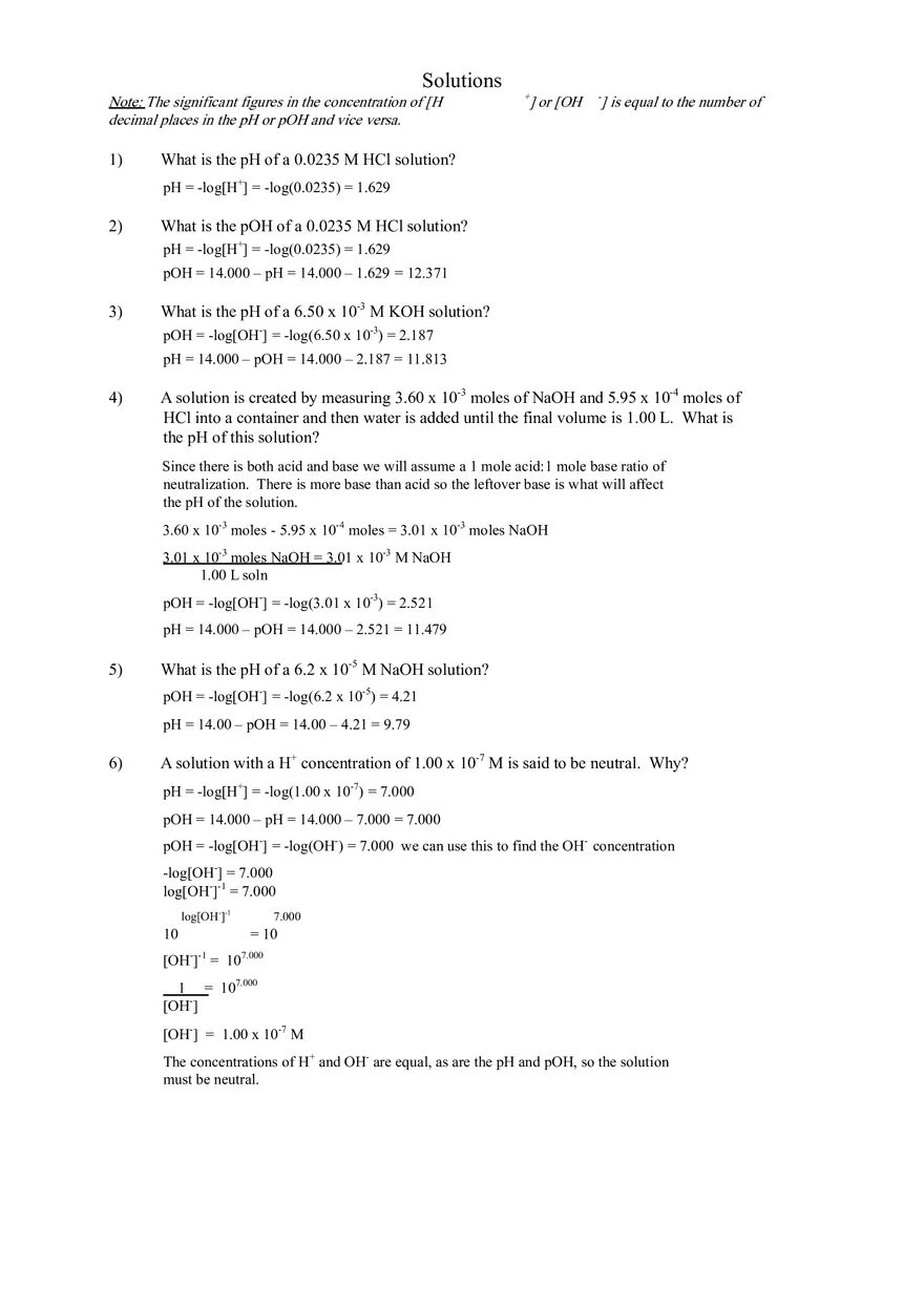 Calculating p H and p OH Worksheet - Page 2