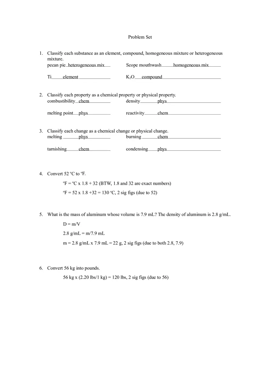 Classification of Matter, Properties, and Changes in Chemistry Problem Answers - Page 1
