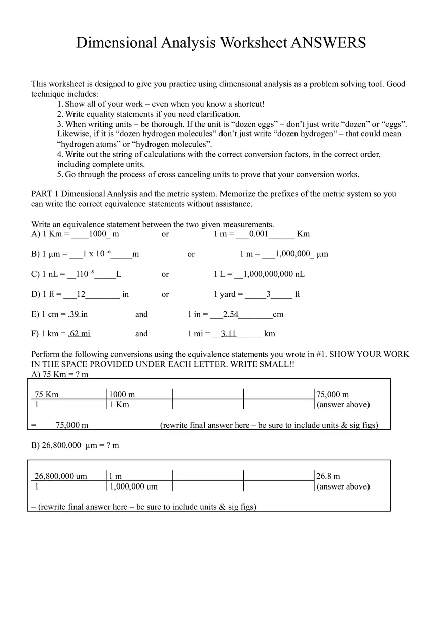 Dimensional Analysis Answer Key - Page 1