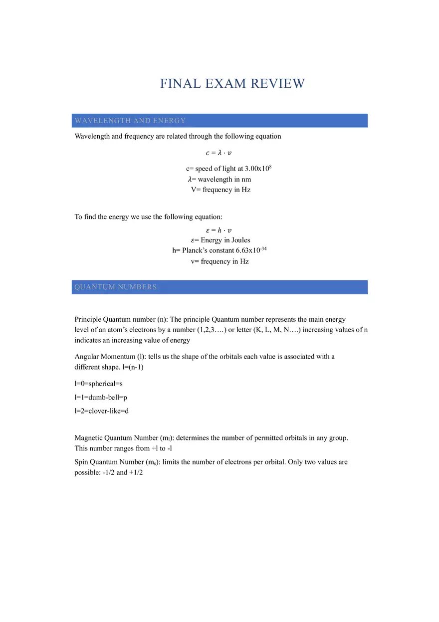 Wavelength and Energy - Summary General Chemistry - Page 1