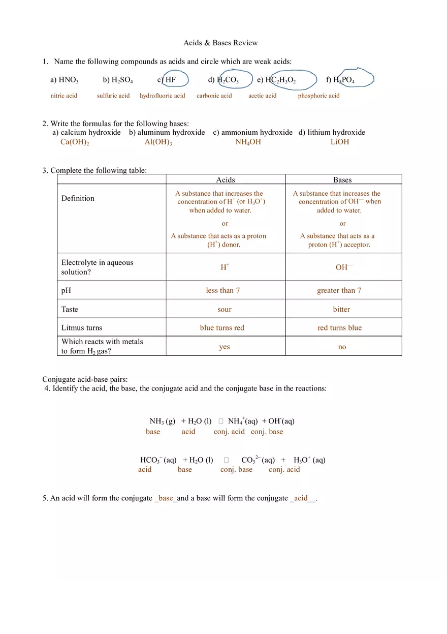 Acids and Bases Review Worksheet Answers - Page 1