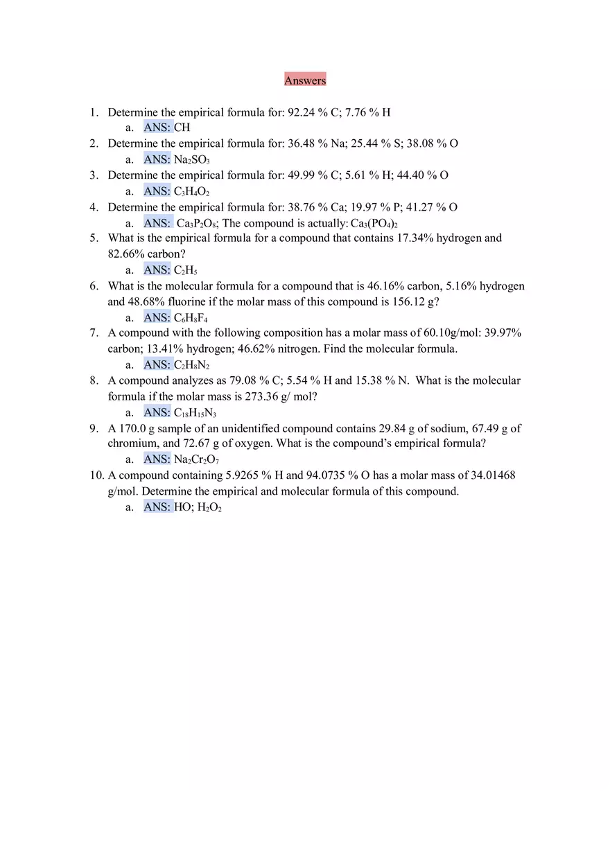 Empirical and Molecular Formula Practice Problems Answers - Page 1