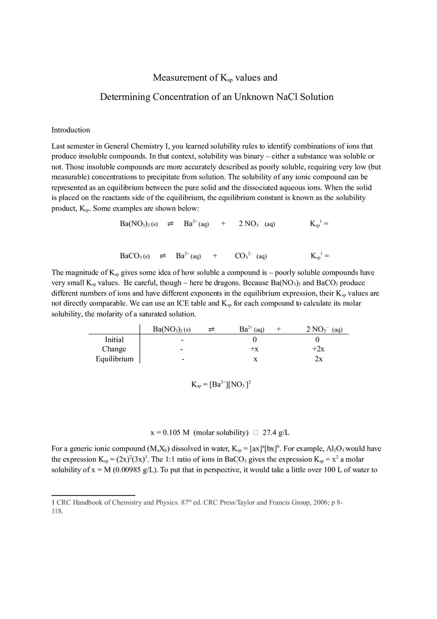 Measurement of Ksp Values and Determining Concentration of an Unknown NaCl Solution Lab Answers - Page 1