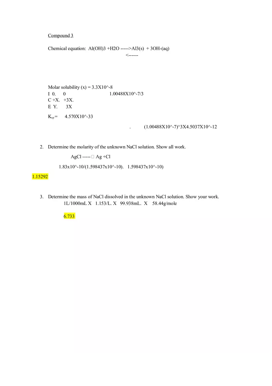 Measurement of Ksp Values and Determining Concentration of an Unknown NaCl Solution Lab Answers - Page 6