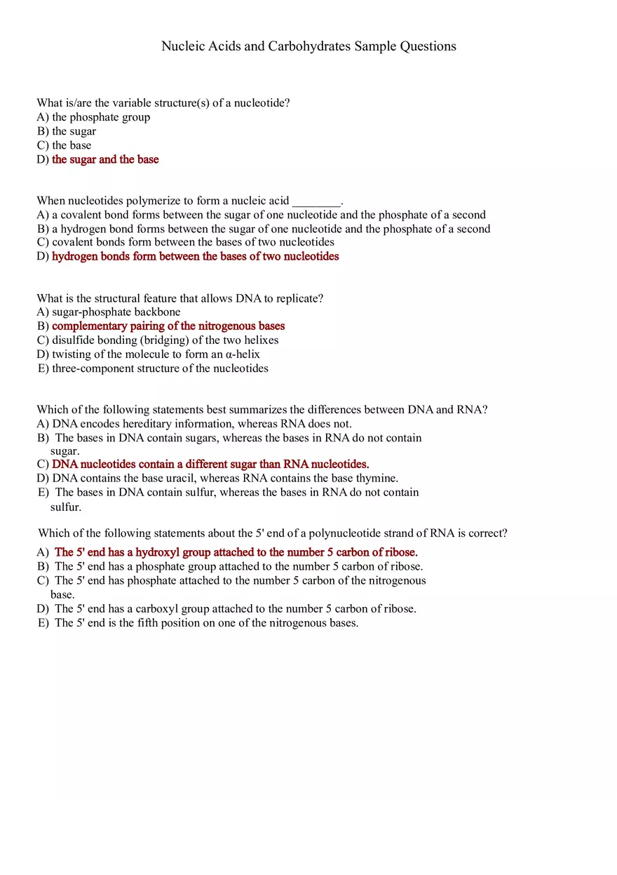 Nucleic Acids and Carbohydrates Sample Questions - Page 1