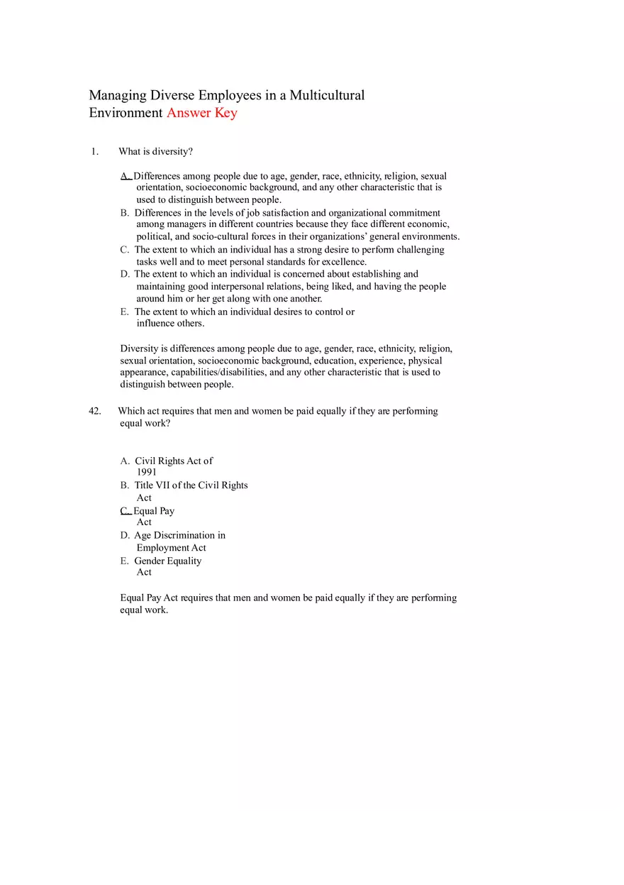 Managing Diverse Employees in a Multicultural Environment Answer Key Part 1 - Page 1