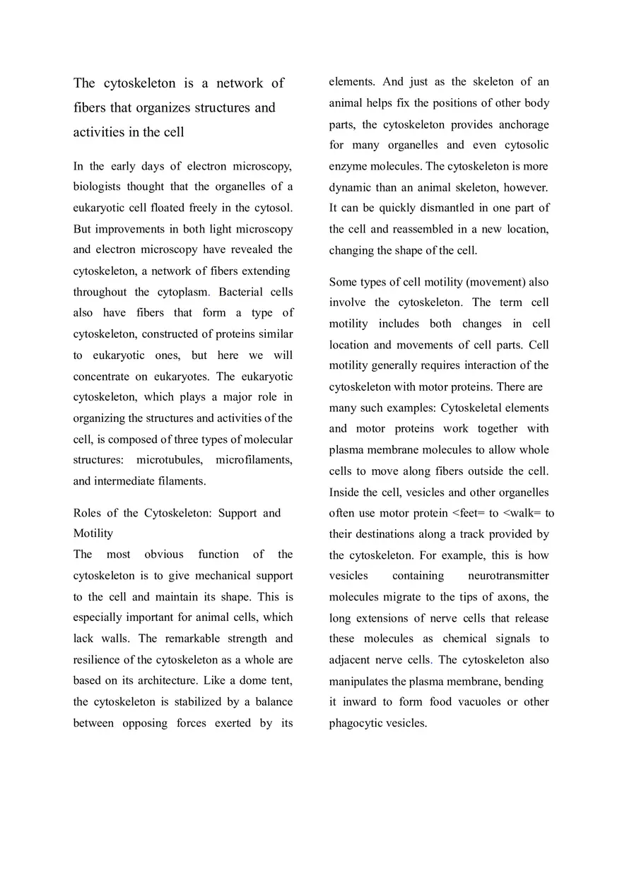 The Cytoskeleton is a Network of Fibers that Organizes Structures and Activities in the Cell - Page 1