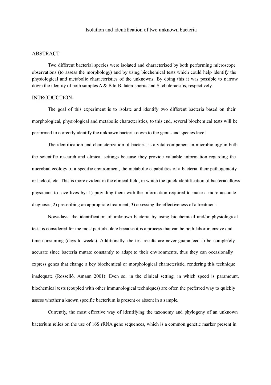 Final Lab Report (Isolation and Identification of Two Unknown Bacteria) - Page 1