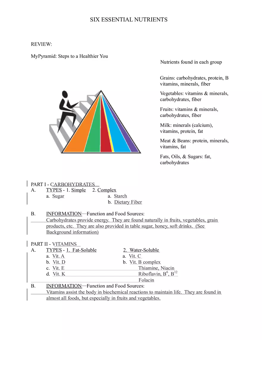 Six Essential Nutrients Key - Page 1