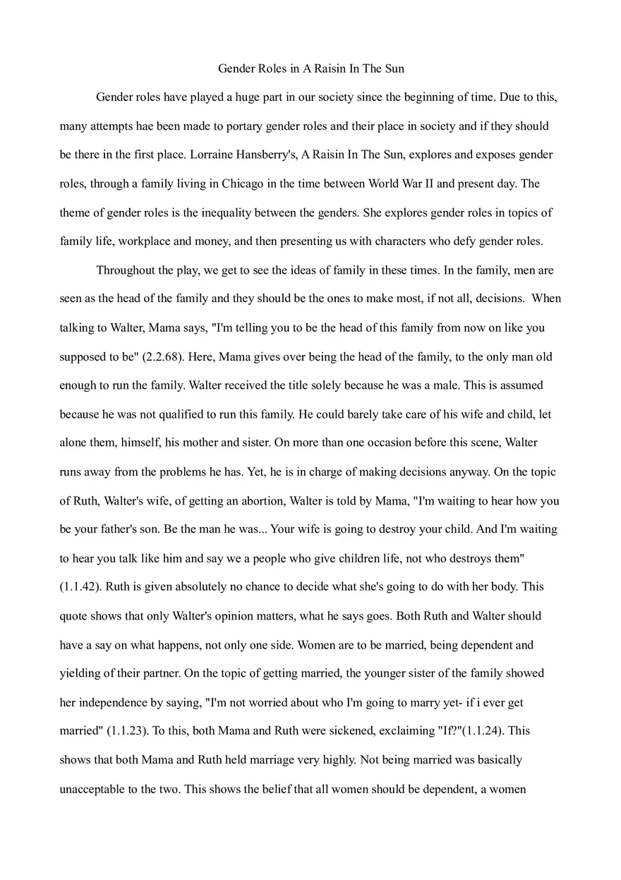 Gender Roles in A Raisin In The Sun (Summary) - Page 1