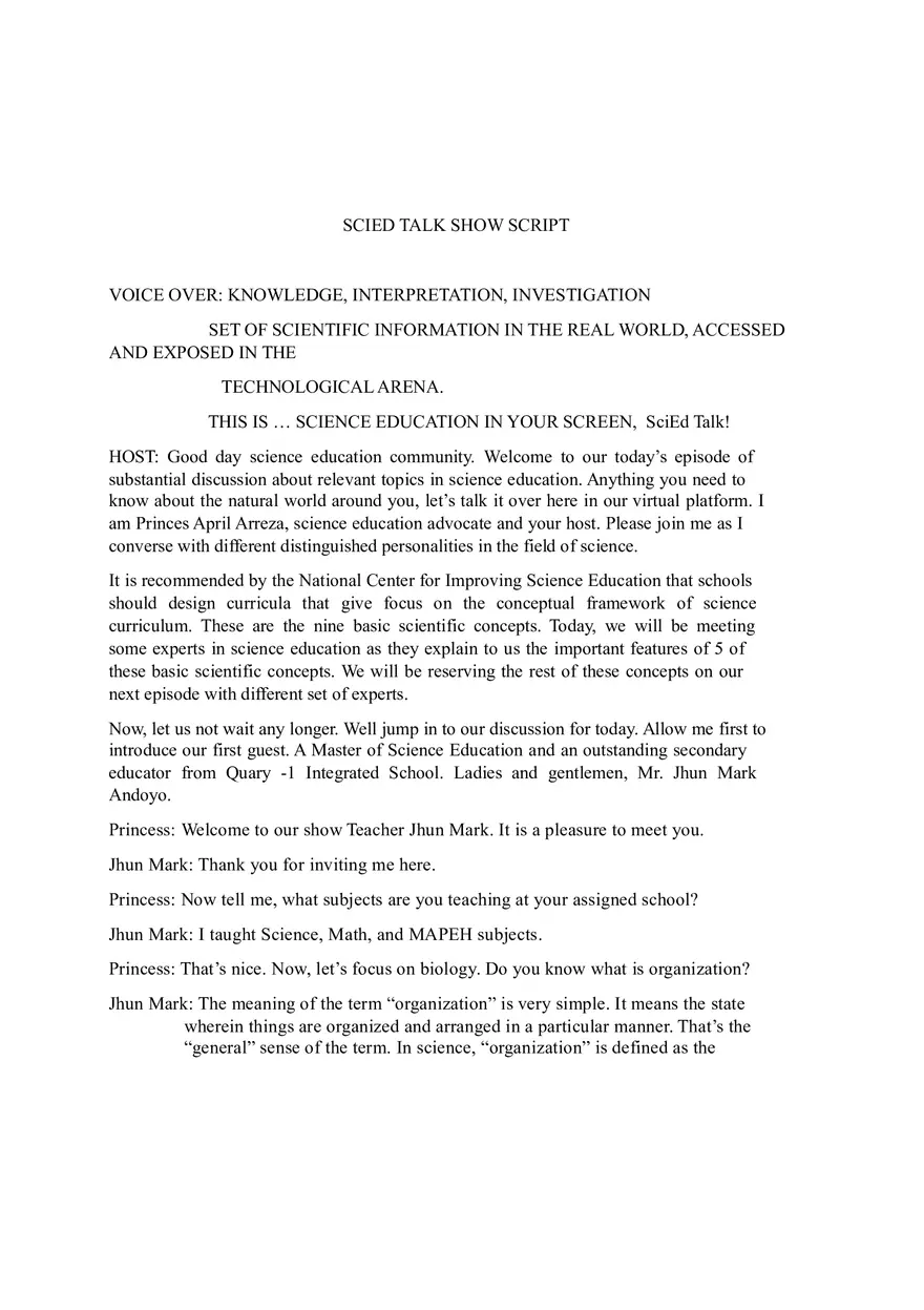 Scied Talk Show Script - Page 1