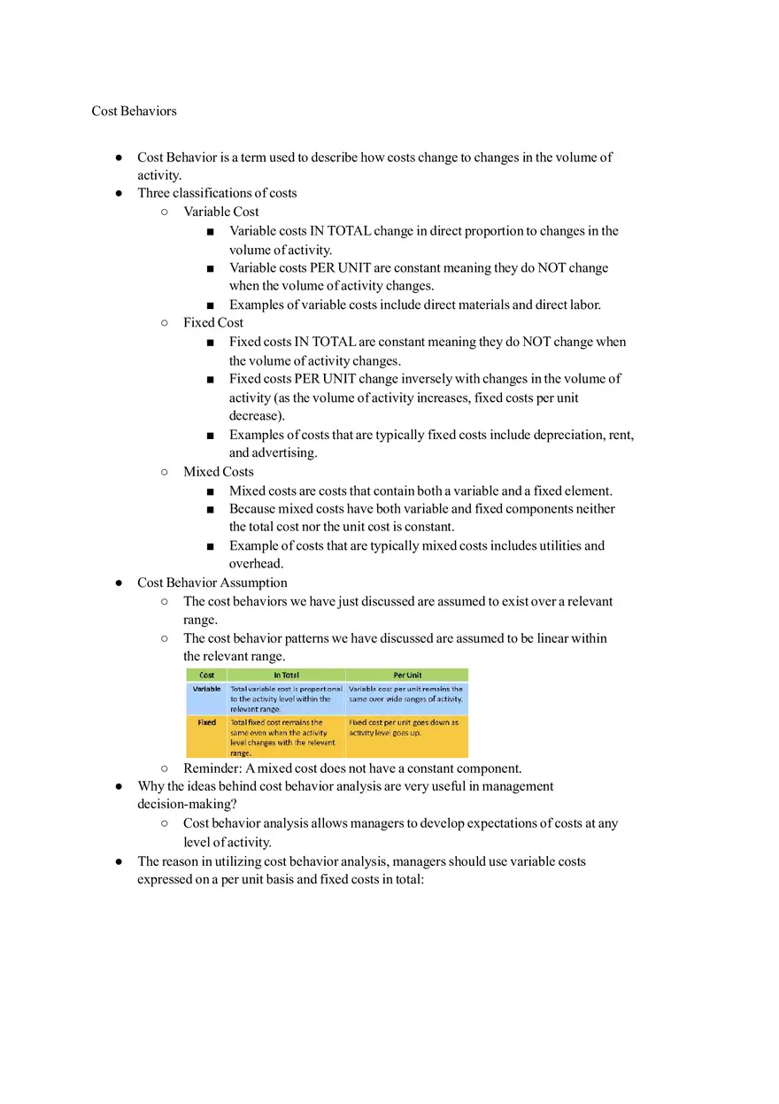Cost Behaviors - Lecture Notes 1 - Page 1