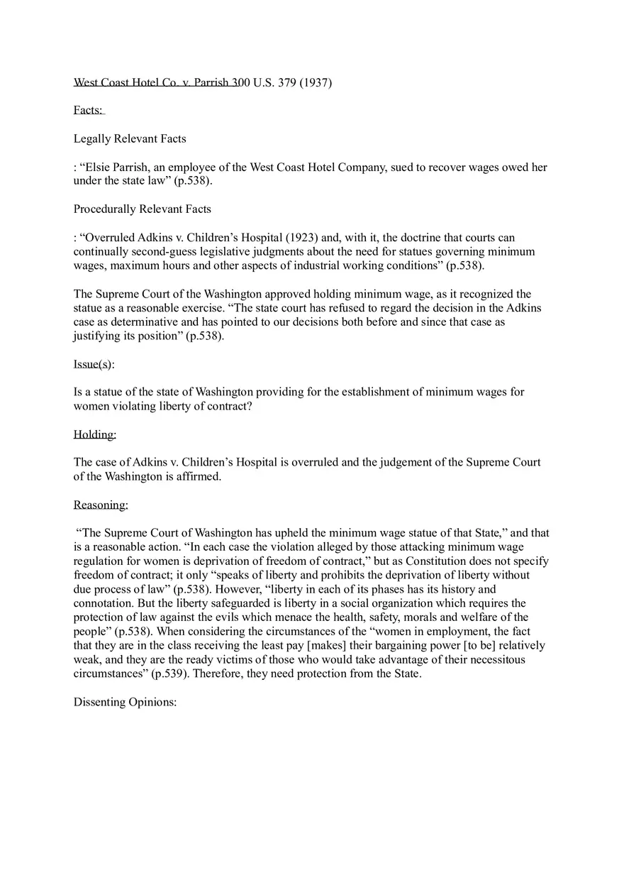 Case Brief West Cost Hotel Co. v. Parrish - Page 1