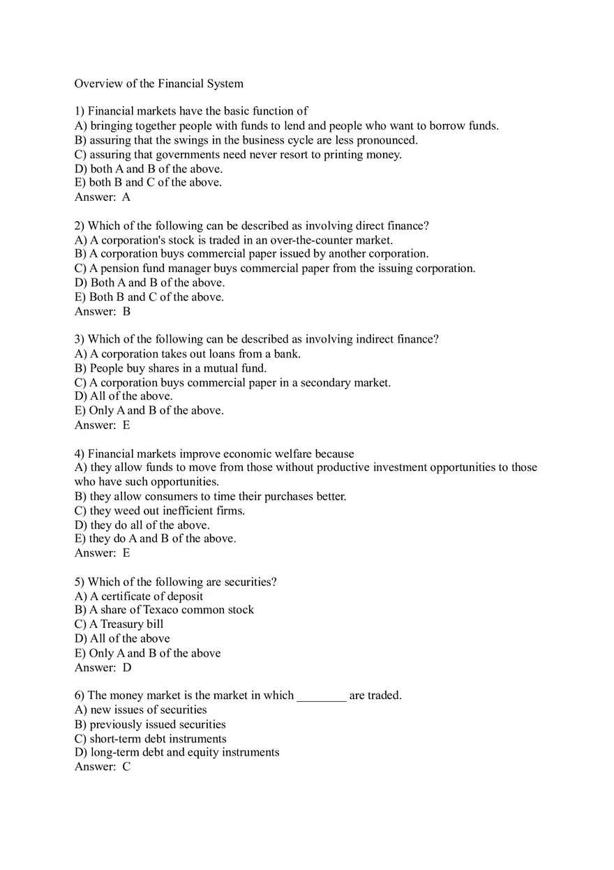 Overview of the Financial System Sample Questions - Page 1