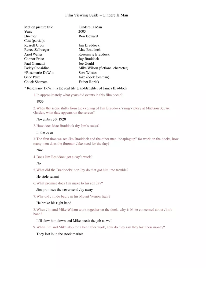 Viewing Guide - Cinderella Man - Page 1