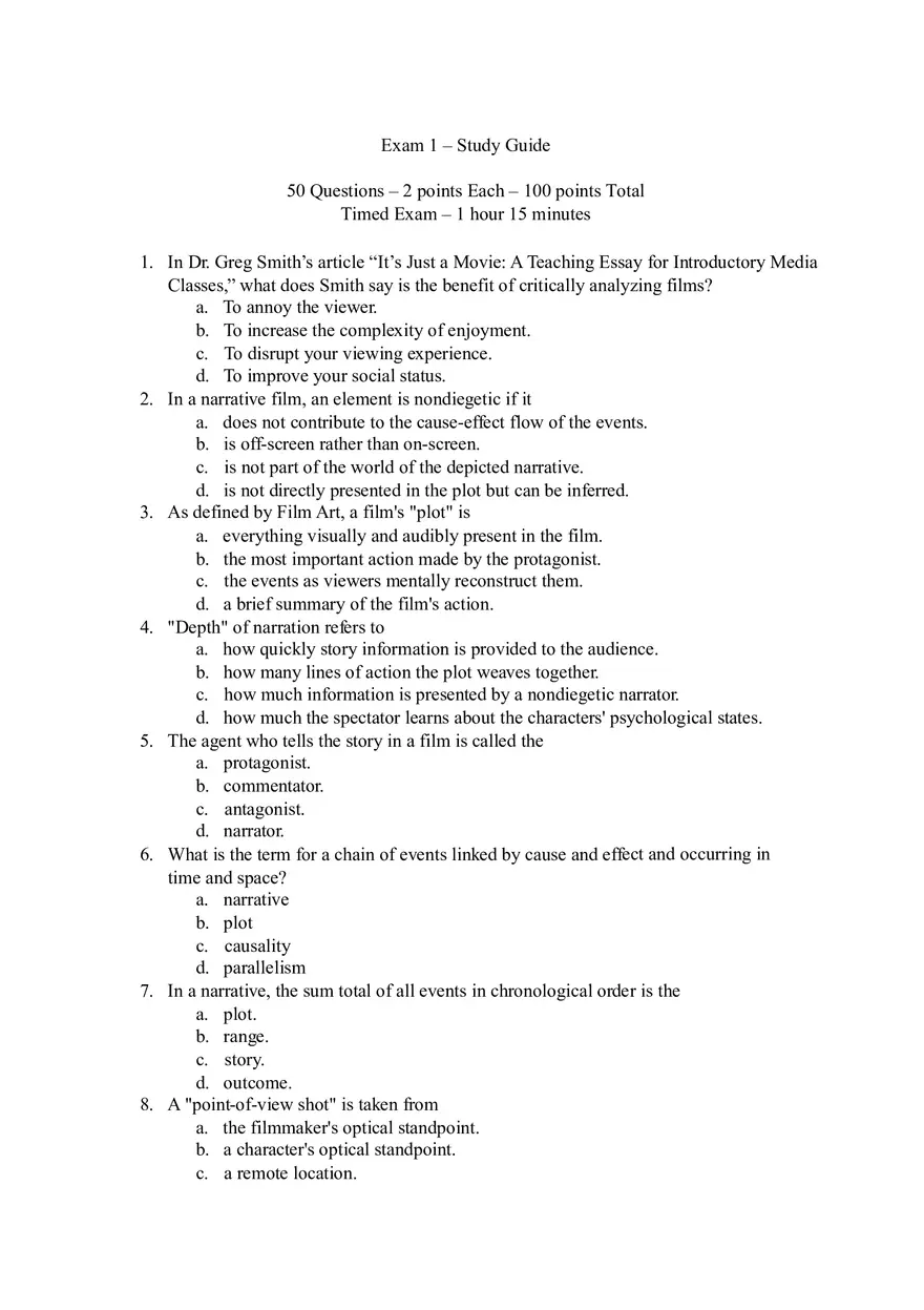 Film Analysis and Narrative Structure - Key Concepts from Dr. Greg Smith's Essay and Film Art - Page 1