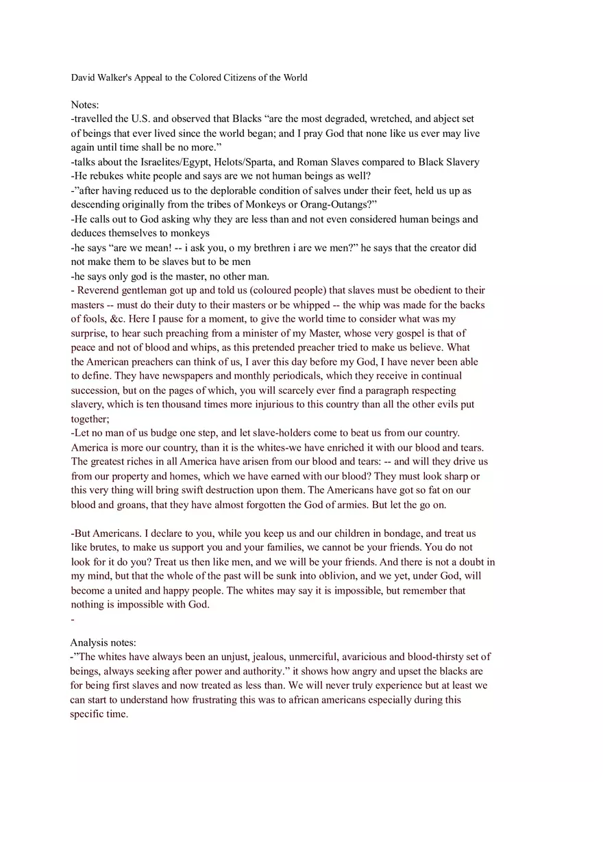 Summary Notes of David Walker's Appeal to the Colored Citizens of the World - Page 1