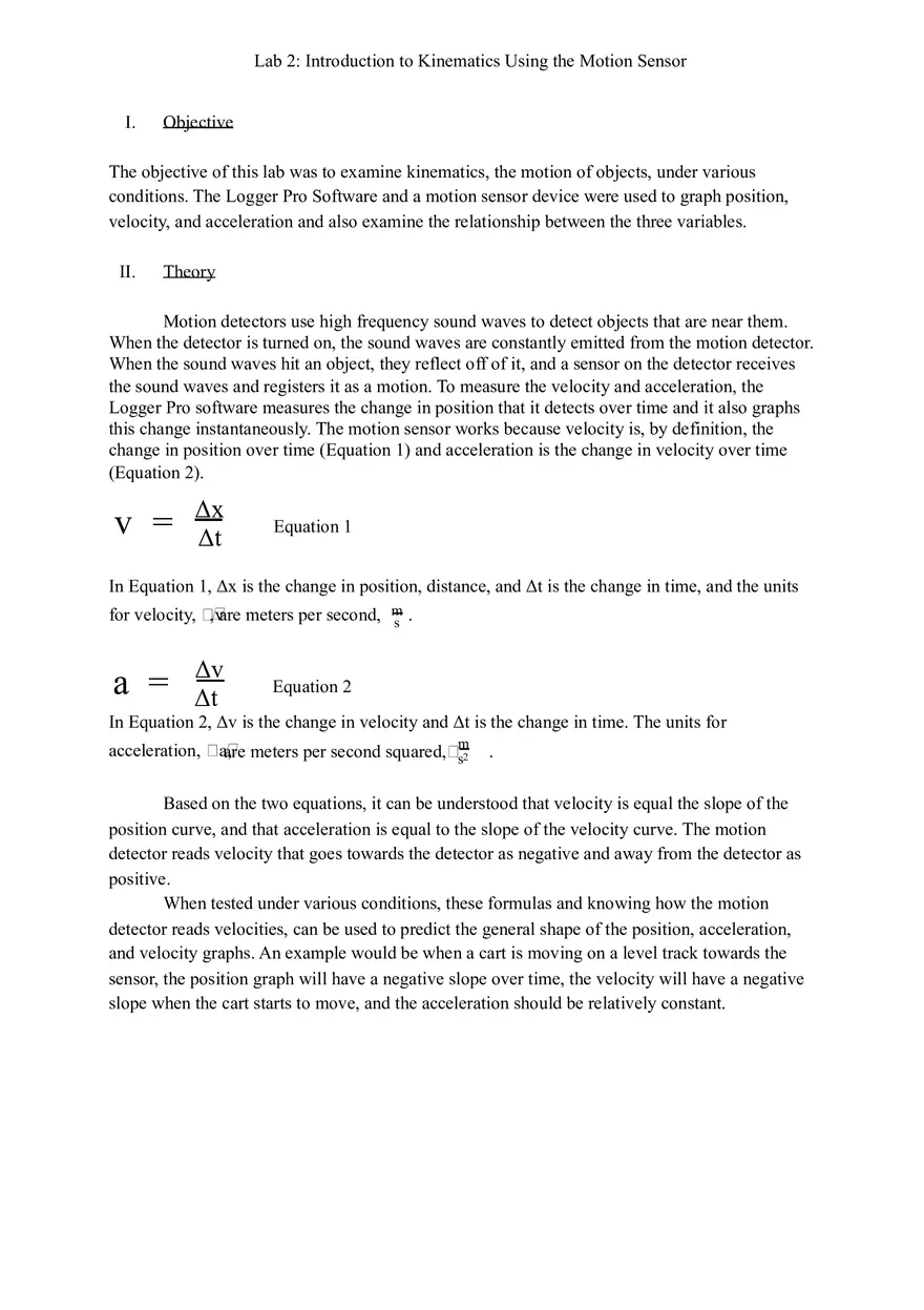 Lab - Introduction to Kinematics Using the Motion Sensor - Page 1