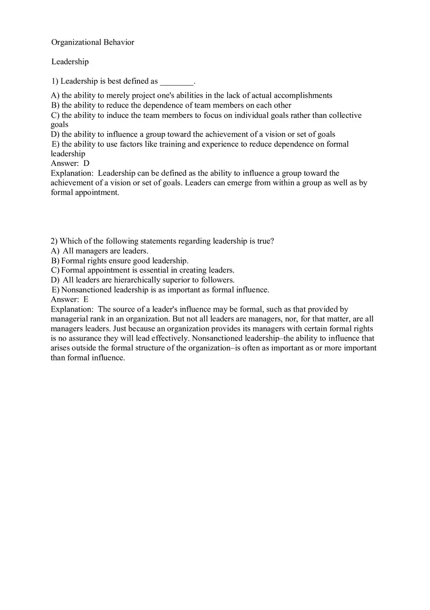 Organizational Behavior (Leadership) Answer Key Part 1 - Page 1