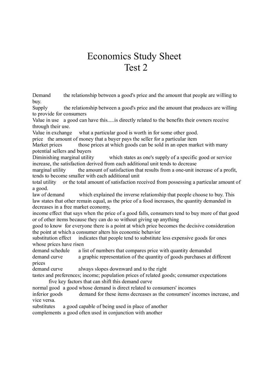Economics Study - Value, Price, and Demand - Page 1