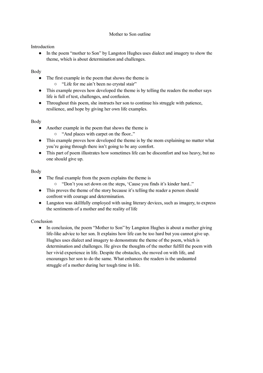 Mother to Son Outline - Page 1