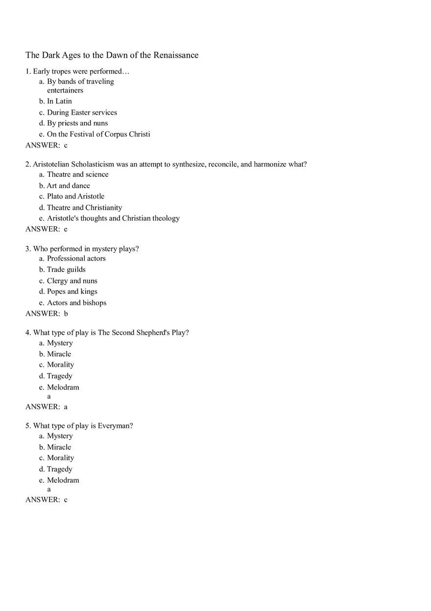 The Dark Ages to the Dawn of the Renaissance Answer Key - Page 1