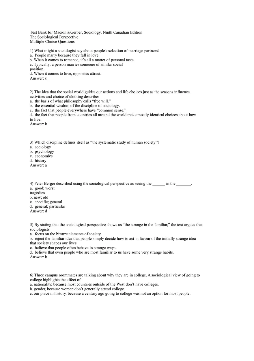 Test Bank for Macionis, Gerber, Sociology, Ninth Canadian Edition Part 1 - Page 1