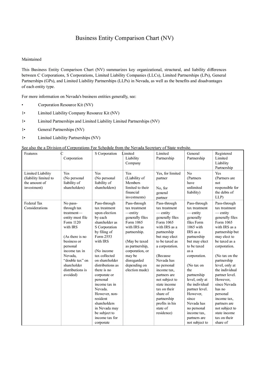 Business Entity Comparison Chart - Page 1