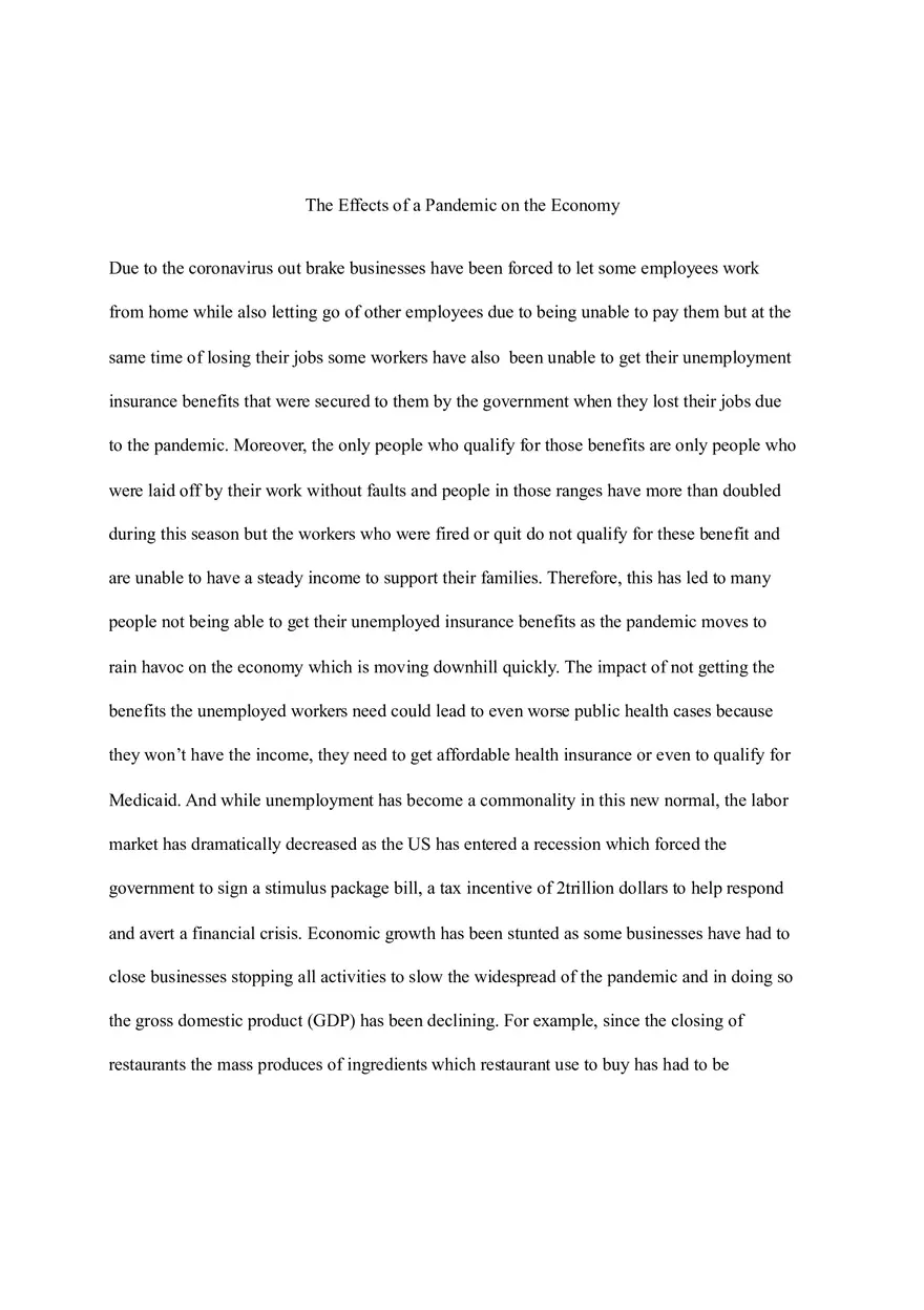 The Effects of a Pandemic on the Economy Assignment - Page 1