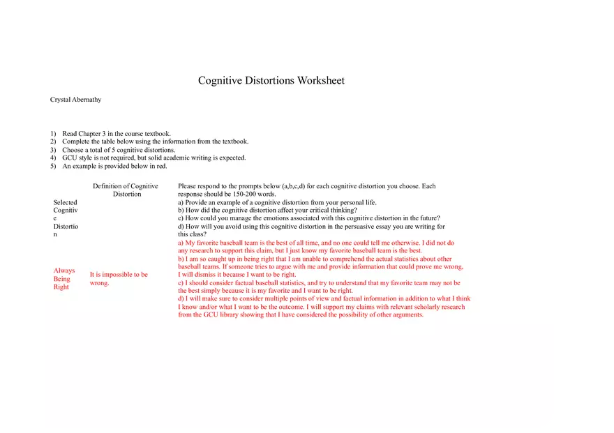 Cognitive Distortions Worksheet - Page 1