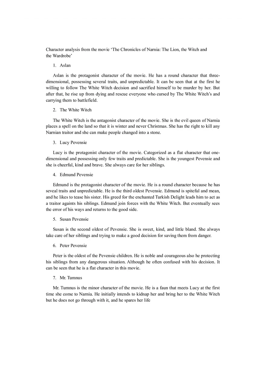 Character and Setting Analysis The Chronicles of Narnia - Page 1