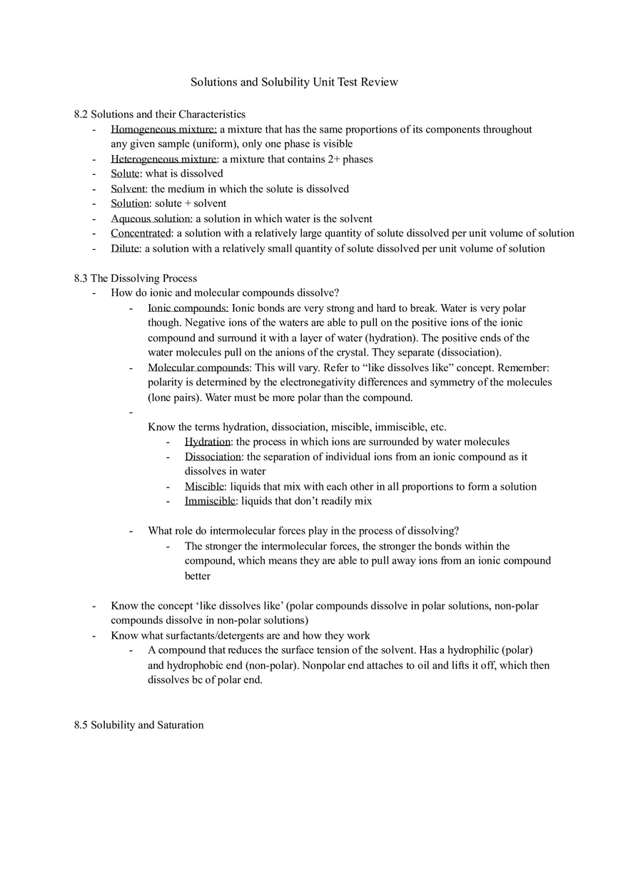 Chemistry Test 4 Review Solutions and Solubility - Page 1
