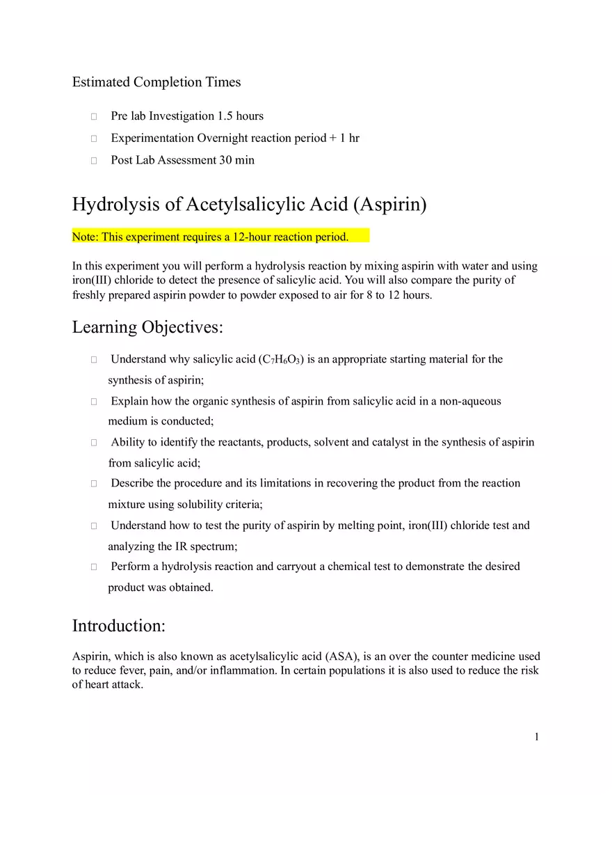 Hydrolysis of Acetylsalicylic Acid (Aspirin) - Page 1