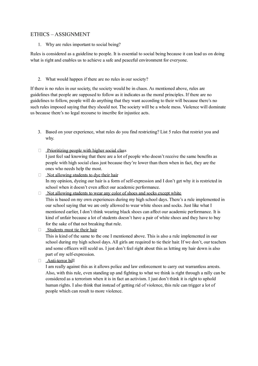 Ethics Assignment (Why are Rules Important to Social Being) - Page 1