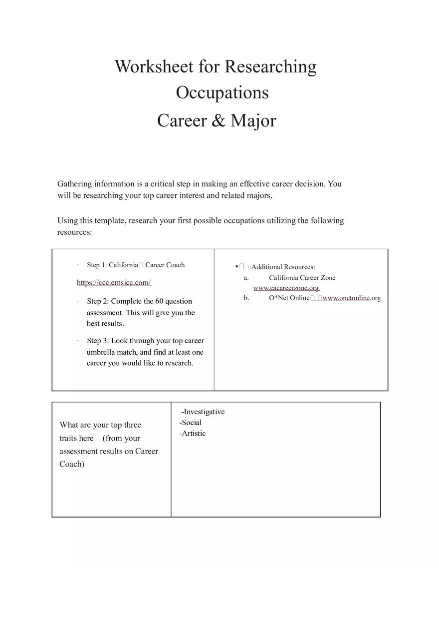 Worksheet for Researching Occupations - Page 1