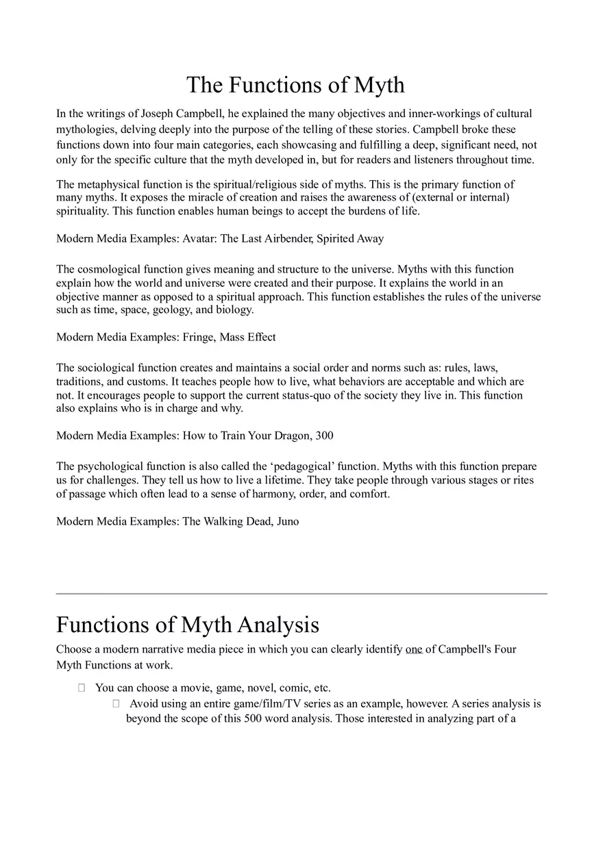 Functions of Myth Assignment - Page 1