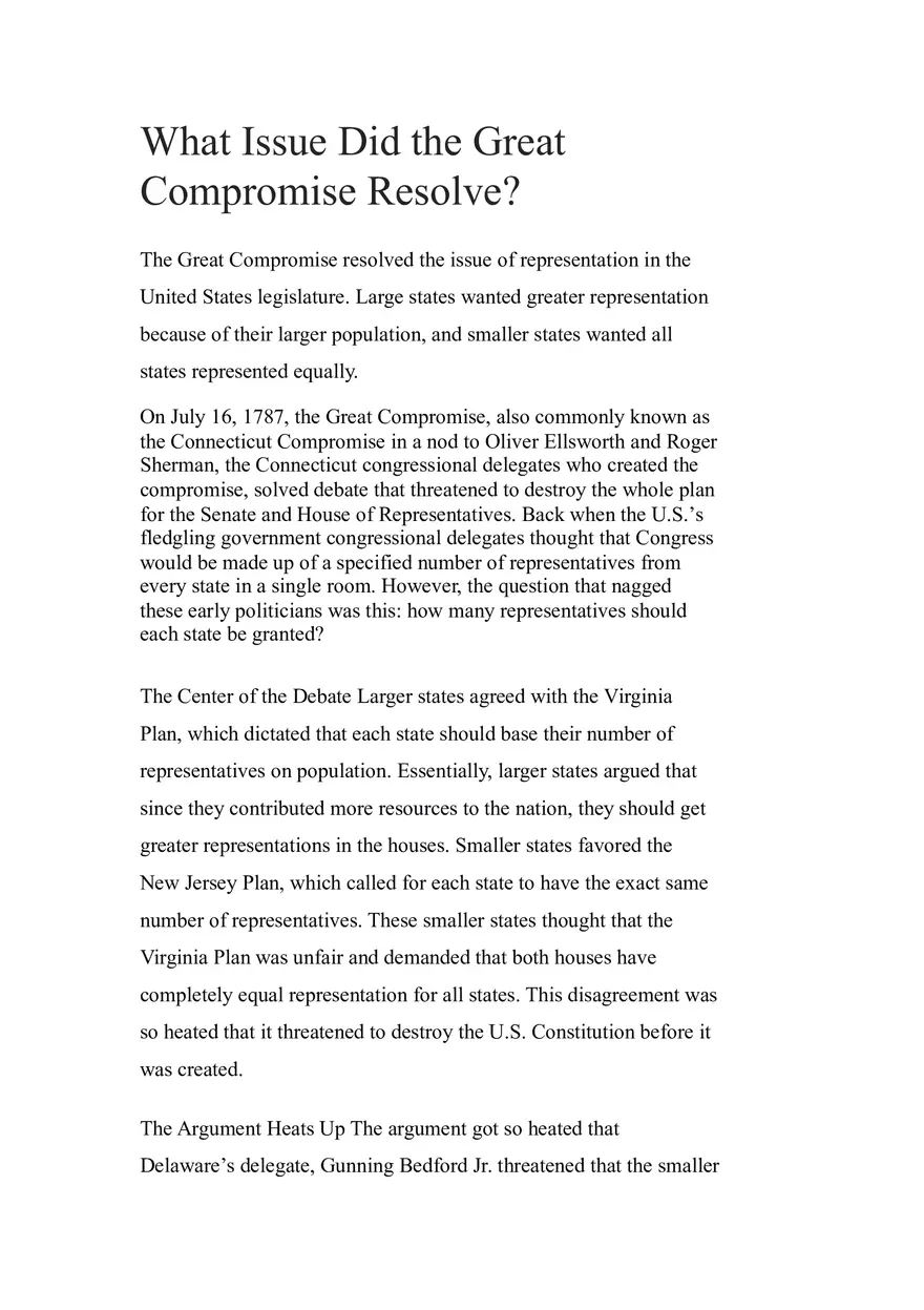 What Issue Did the Great Compromise Resolve - Page 1