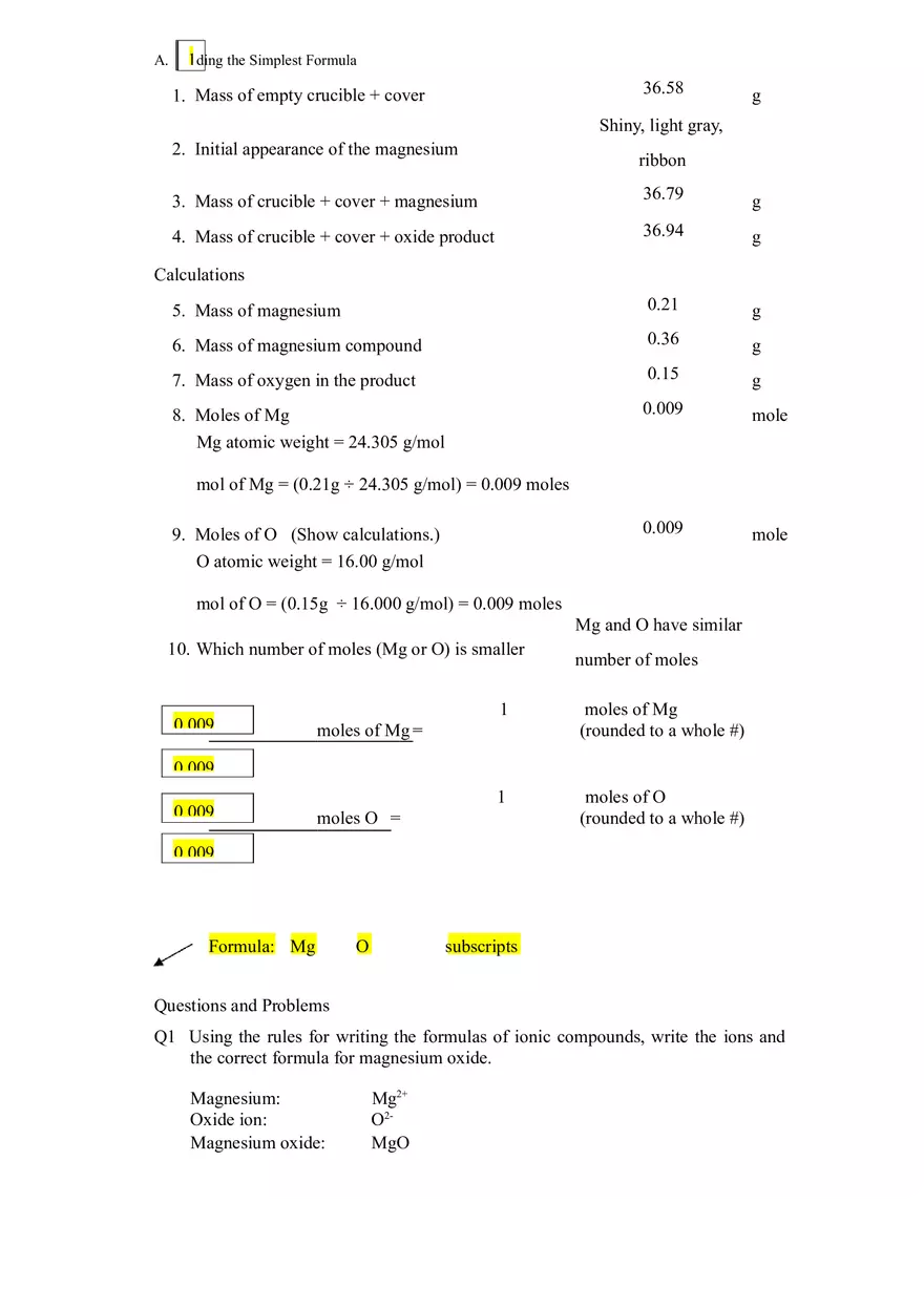 Lab Moles and Chemical Formulas - Page 1